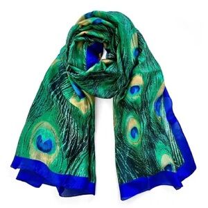 Elegant Silk Like Satin Polyester Large Scarf Wrap, Peacock Feathers 71”x 33”